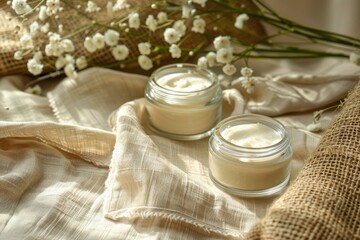 Two natural cosmetic jars on linen