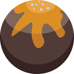 Round chocolate candy is covered with melted chocolate topping and decorated with sugar balls