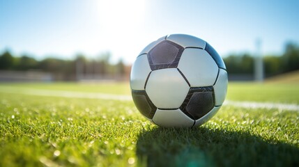Fototapeta premium A close-up shot of a soccer ball resting in the corner of a goal net on a brigh