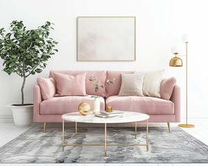 A chic living room in soft blush tones with a blush pink sofa, a white coffee table, a gold lamp, a gray rug, and a green plant, creating a stylish and warm environment