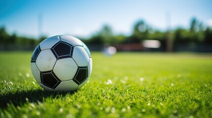 A close-up shot of a soccer ball resting in the corner of a goal net on a brigh