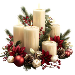 Festive Christmas Centerpiece with Burning Candles, Evergreen Greenery, Poinsettias, Pine Cones, and Ornamental Baubles