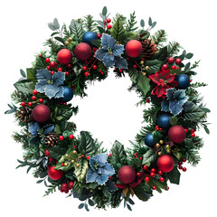 Festive Christmas Wreath Adorned with Red and Blue Ornaments, Pine Cones, Holly, and Greenery Against a Black Background