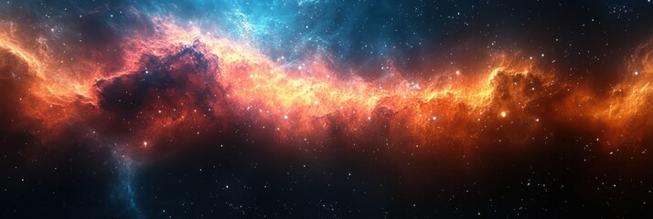 Fototapeta premium Nebula with orange and blue hues suitable for science fiction book covers, astronomy websites, educational materials, and spacethemed design projects.