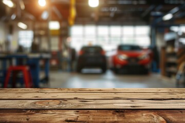 Wooden table top with blurred car service center in the background ideal for showcasing products