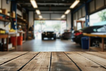 Wooden table top with blurred car service center in background