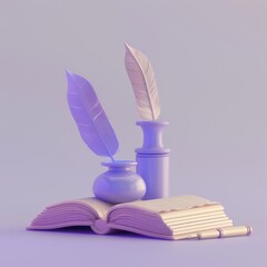 Inkwell on top of books with parchment scroll, 3d illustration in the style of minimal soft glow violet solid background