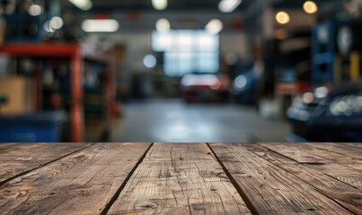 Obraz premium Wooden table with blurred car repair center background