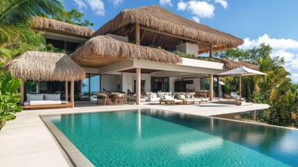 Modern Tropical Villa with Infinity Pool and Thatched Roof