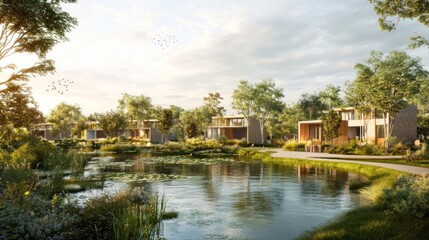 Modern Houses with Lush Greenery and a Winding River