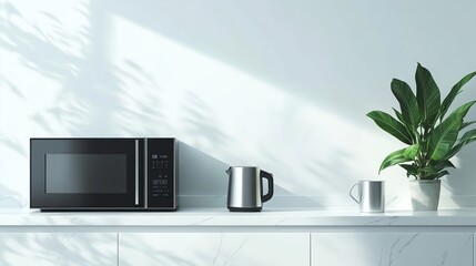 A minimalist kitchen in cool white tones with a white countertop, a black microwave, a gray kettle, a silver mug, and a green plant, featuring a clean and serene atmosphere