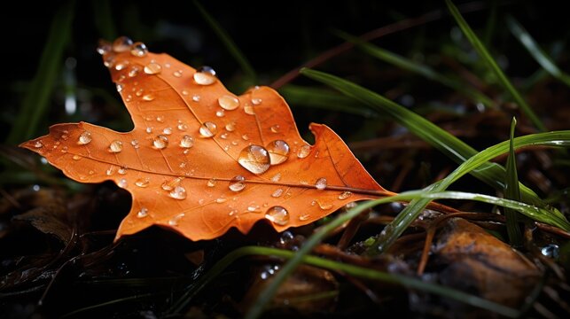 An orange autumn leaf lying on a bed of dewy grass