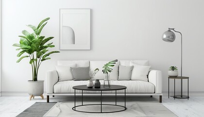 A minimalist living room in soft white tones with a white sofa, a black coffee table, a gray rug, a silver lamp, and a green plant, featuring a clean and serene environment