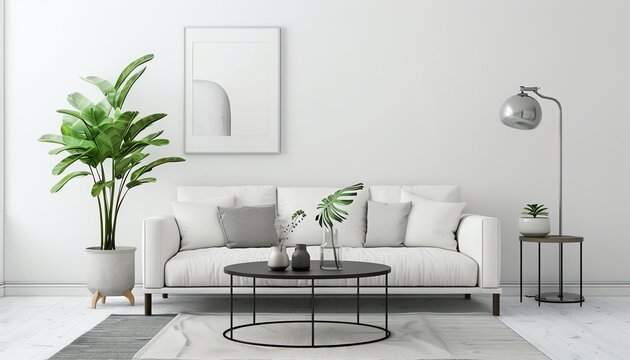A minimalist living room in soft white tones with a white sofa, a black coffee table, a gray rug, a silver lamp, and a green plant, featuring a clean and serene environment