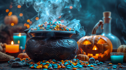 A cauldron filled with sweets for halloween