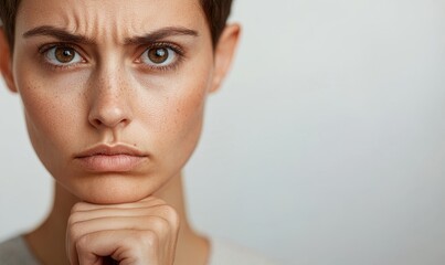 close-up portrait of a woman with a worried expression, frowning and looking upwards with her hand on her chin, conveying thoughts of doubt, uncertainty, or difficulty.