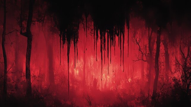An eerie forest engulfed in red fog with dark, ominous drips hanging from the trees, creating a haunting, unsettling atmosphere.