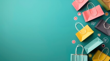 Colorful shopping bags arranged on a turquoise background, ideal for retail, sales, and consumer-related themes.