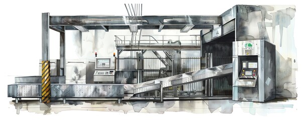 A modern factory in sleek gray tones with a gray conveyor belt, a silver machine, a black control panel, a white safety helmet, and a green emergency exit sign, creating an efficient and orderly envir