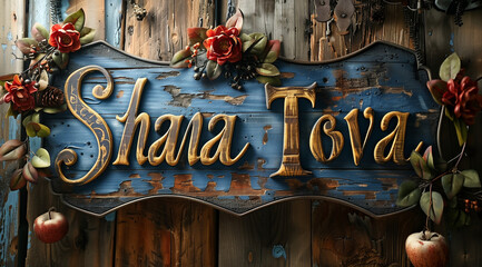 The inscription shana tova on a wooden board, created with Generative AI technology.