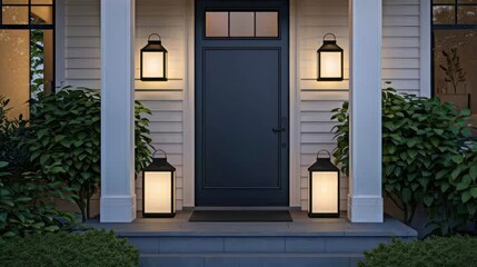Fototapeta premium Charming entrance featuring a dark door flanked by elegant lanterns, creating a warm and inviting atmosphere at dusk.
