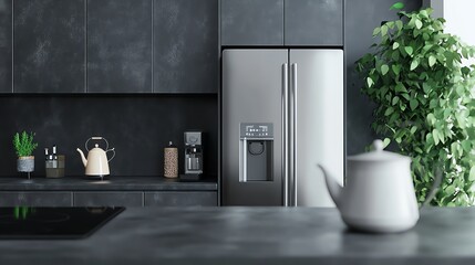 A modern kitchen in sleek charcoal tones with a charcoal countertop, a silver fridge, a white teapot, a gray bowl, and a green plant, offering a contemporary and edgy vibe