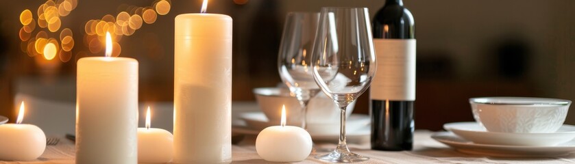 An elegant table setting with candles, wine, and glassware, perfect for a romantic dinner or special occasion.
