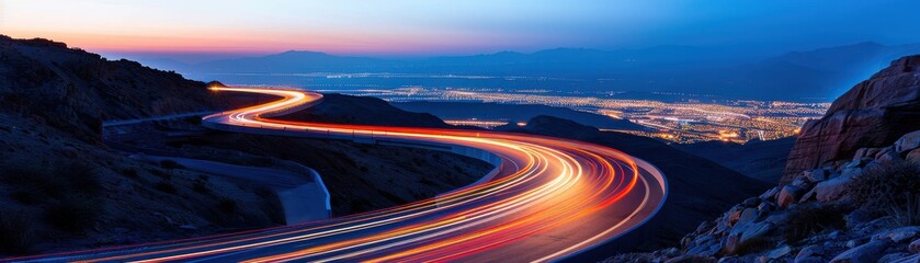 Fototapeta premium A winding road illuminated by city lights, showcasing the beauty of dusk as vehicles create light trails against a stunning landscape.