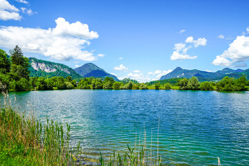 Landscape at Kreutsee in the Inntal Süd landscape protection area. Nature at the quarry lake in the area of ​​the municipality of Kiefersfelden.
