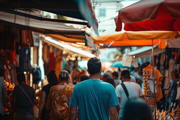 Obraz premium A photo of a bustling marketplace in the afternoon with colorful stalls and people in the background