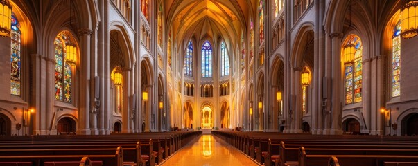 Fototapeta premium A stunning view of an ornate cathedral interior with colorful stained glass, highlighting its architectural beauty and serene atmosphere.