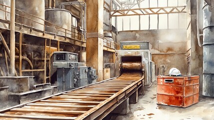 A traditional factory in earthy brown tones with a brown machine, a wooden pallet, a gray conveyor belt, a white hard hat, and a red toolbox, creating a cozy and productive atmosphere