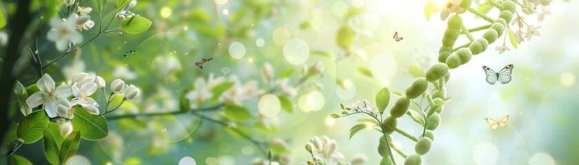 A serene nature scene featuring delicate flowers and soft light, creating a peaceful atmosphere with fluttering butterflies.