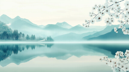 A tranquil lakeside scene with misty mountains in the background, and white blossoms in the foreground, conveying serenity and nature’s beauty with ample copy space.