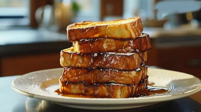 A stack of french toast sitting on top of a plate high quality hd video clip 