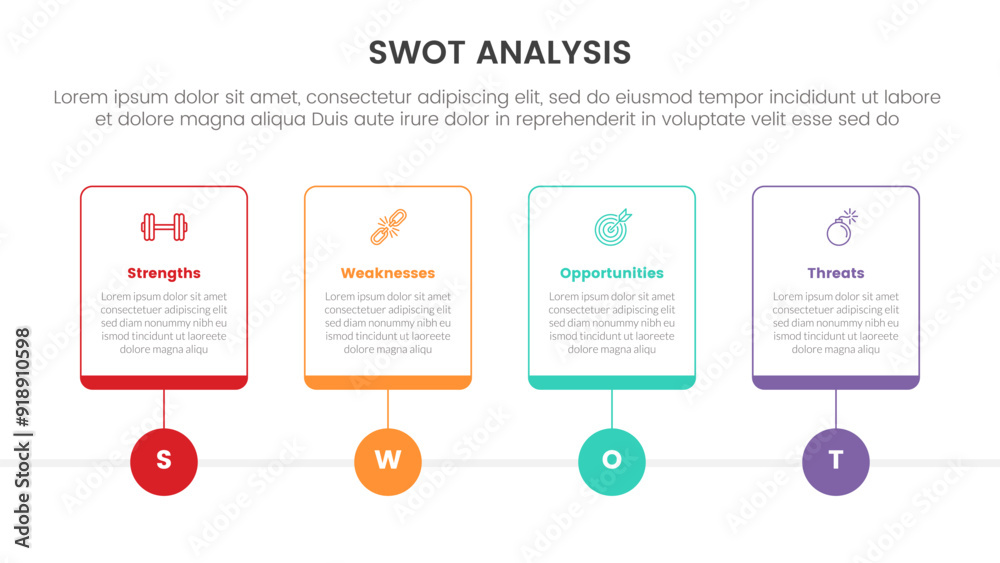 Poster swot analysis concept infographic template banner with outline table box and circle line point with 