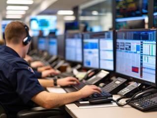 A professional working in a busy office environment, utilizing multiple screens for data analysis and communication.