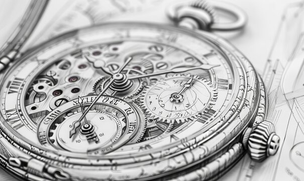 Detailed pencil sketch of a vintage pocket watch, capturing intricate gears