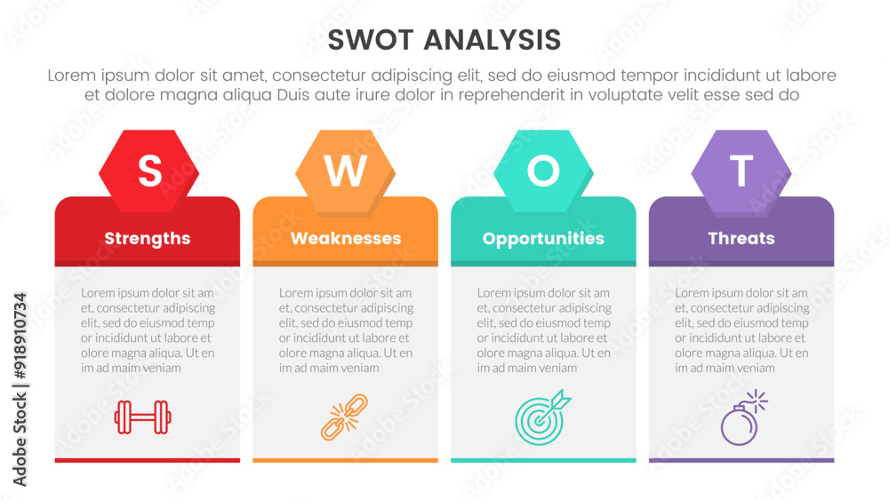 Poster swot analysis concept infographic template banner with table box with hexagon header with 4 point li
