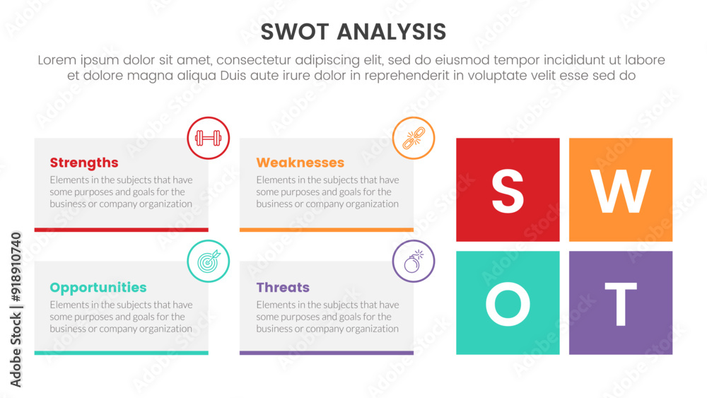 Poster swot analysis concept infographic template banner with rectangle box container and square shape with