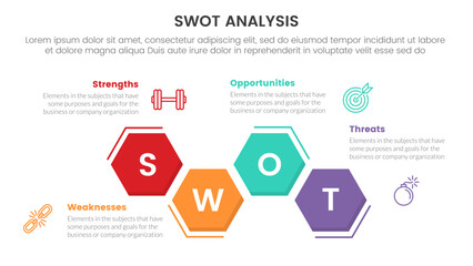 swot analysis concept infographic template banner with hexagon unbalance up and down with 4 point list information