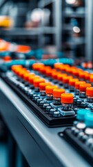 Obraz premium close-up of a row of orange and blue caps on a metal surface in a laboratory setting.