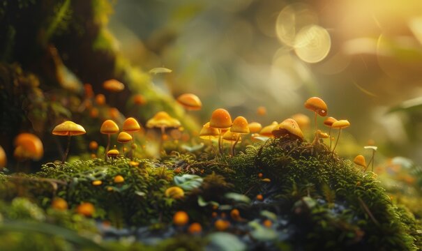 Forest floor macro, intricate details, tiny mushrooms, nature's microcosm