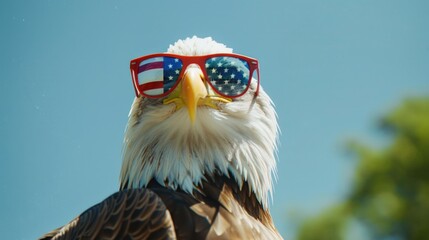 A majestic bald eagle wearing trendy sunglasses and sporting an American flag as a headband, symbolizing patriotism and freedom