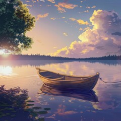 Serene sunset landscape with a small wooden boat on a tranquil lake.