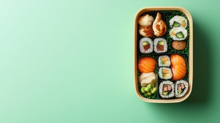 A bento box filled with Japanese delicacies on a pastel green background, leaving space for text or branding.