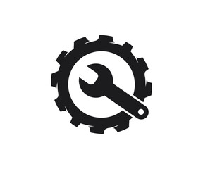 Repair service icon design. Wrench and gear sign icon. Spanner for machine, business and web vector design and illustration. 
