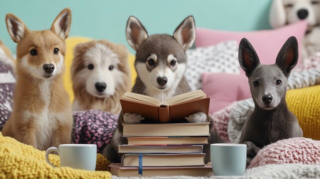 Cute dogs gathered around books on a cozy blanket, creating a warm and friendly atmosphere perfect for pet lovers.