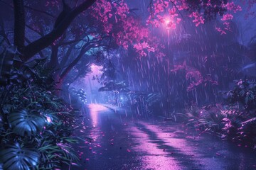 Fototapeta premium Gentle rain falling on a peaceful morning scene with calm serene