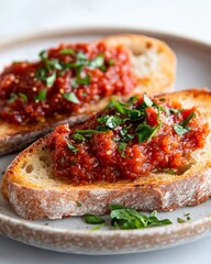 Slices of bruschetta topped with a savory tomato mixture and garnished with fresh parsley, delivering a delicious and inviting appetizer, perfect for sharing.